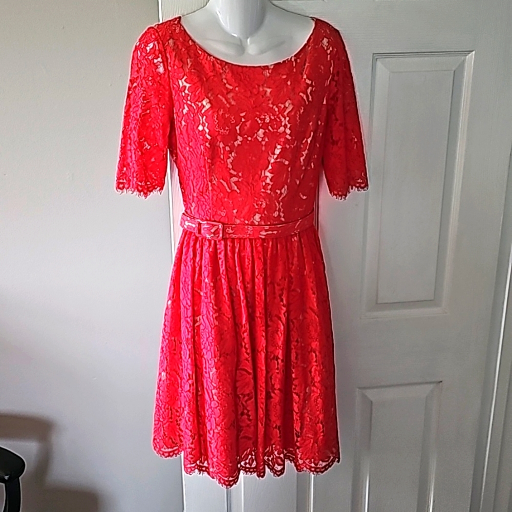 Eliza J Red lace with peek nude lining. Size  8.